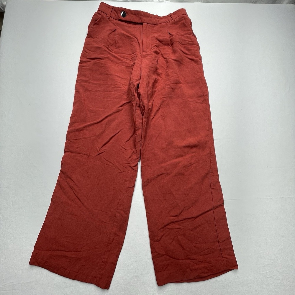 Zara Women's Linen Blend Pants Medium Wide Leg‎ Red